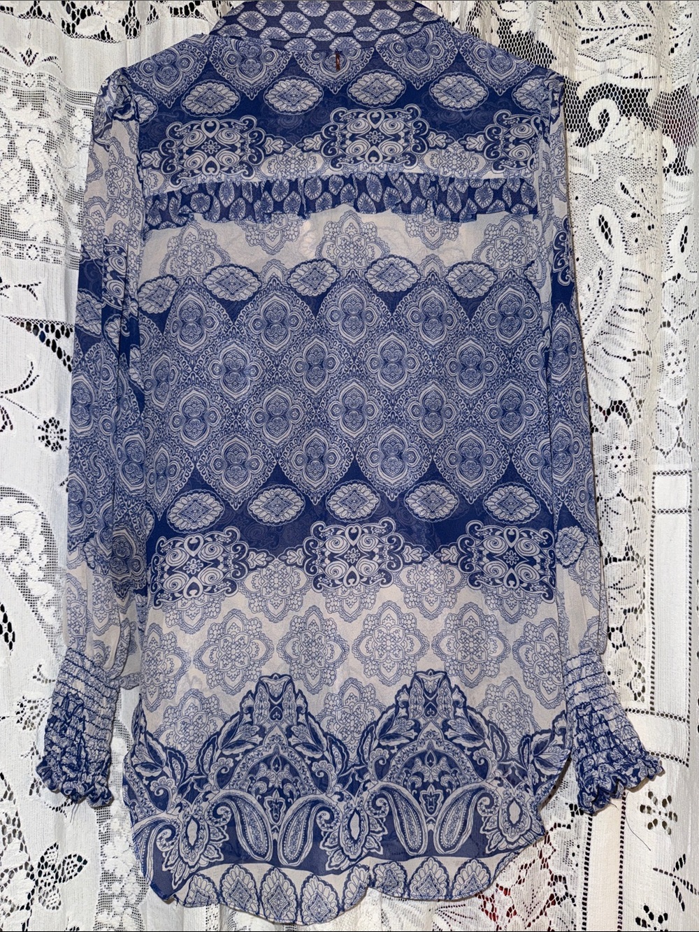 Misa Los Angeles Navy Paisley Sheer Button-Front Blouse - Picture 6 of 8